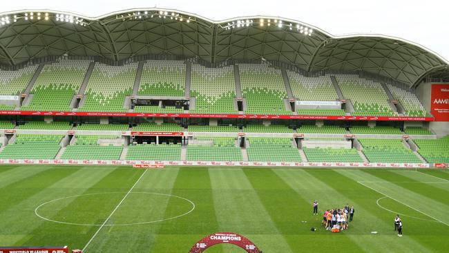 Melbourne City celebrate in front of an empty stadium after winning the 2020 W-League Grand Final match. Picture: Getty Images