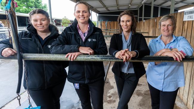 Racing Victoria veterinary services team: Swabbing attendant Paige Cartwright, Dr. Edwina Wilkes, Dr. Grace Forbes and vet nurse Helen Benger. Picture: Jay Town