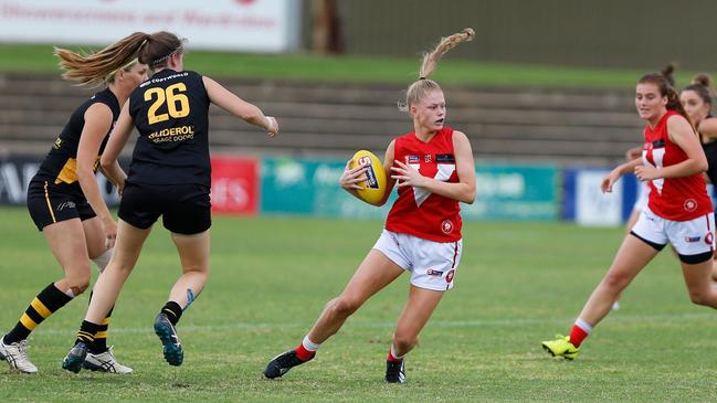 North Adelaide's Ashleigh Woodland in action against Glenelg in 2019. Picture: Deb Curtis