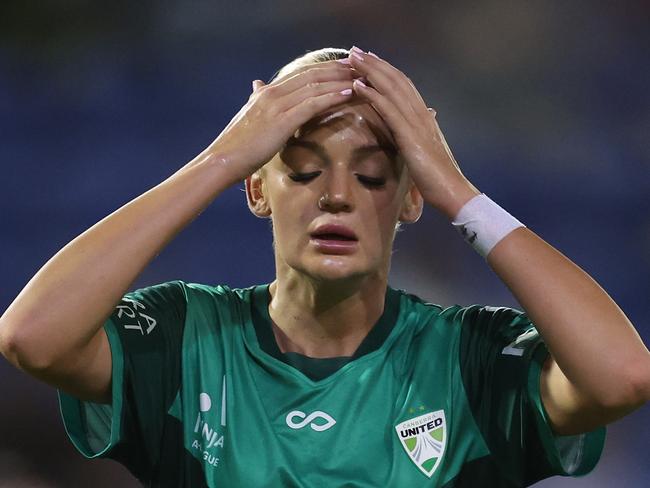 NEWCASTLE, AUSTRALIA - JANUARY 25: Maja Markovski of Canberra United reacts to a missed shot on goal during the round 13 A-League Women's match between Newcastle Jets and Canberra United at McDonald Jones Stadium, on January 25, 2025, in Newcastle, Australia. (Photo by Scott Gardiner/Getty Images)