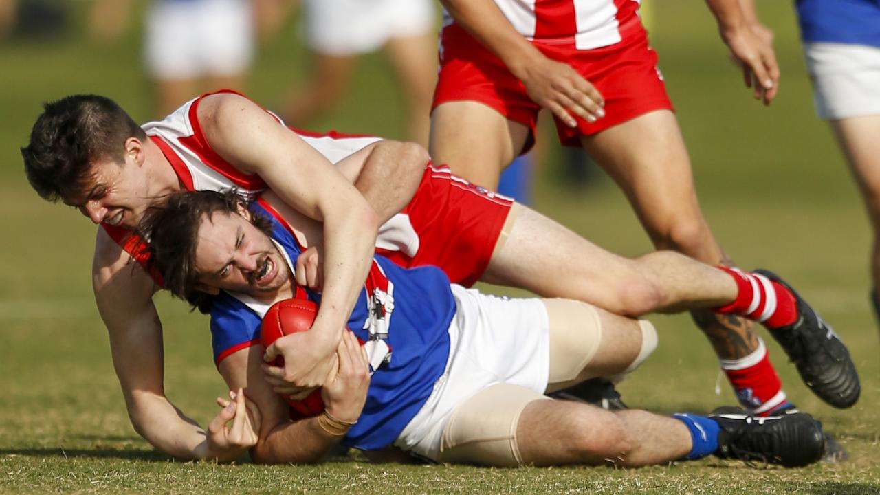 Southern: Mordialloc’s Connor Rohan takes down Jarryd Cox of St Pauls. Picture: Valeriu Campan