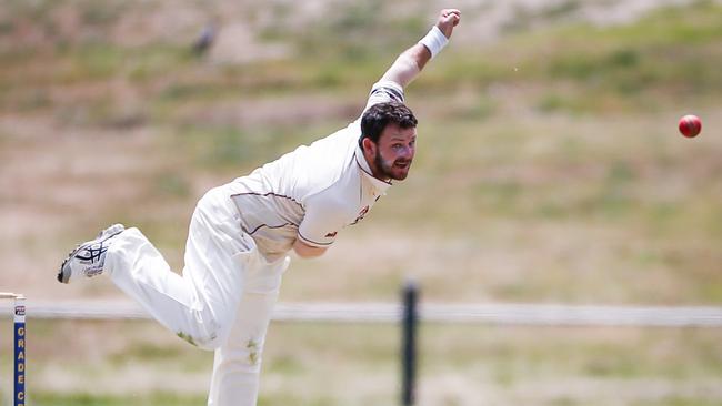 Tea Tree Gully's Adam Somerfield bowling at Pertaringa Oval. Picture: Matt Loxton