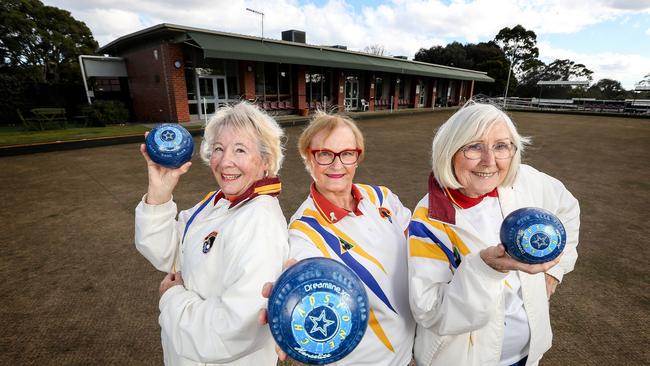 Ladies from Chadstone Bowls Club behind the viral Beyonce inspired video 'All the Bowling Ladies', Terry Foster, Janine Halls and Wyn Hewett. Picture: Tim Carrafa