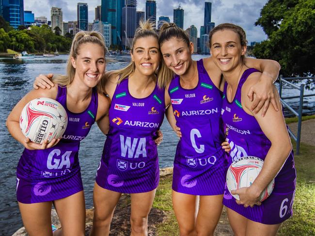 Queensland Firebirds leadership group for the 2023 season.Firebirds Mia Stower, Lara Dunkley, Kim Ravaillion and Gabi Simpson will lead the team in 2023.Picture: NIGEL HALLETT