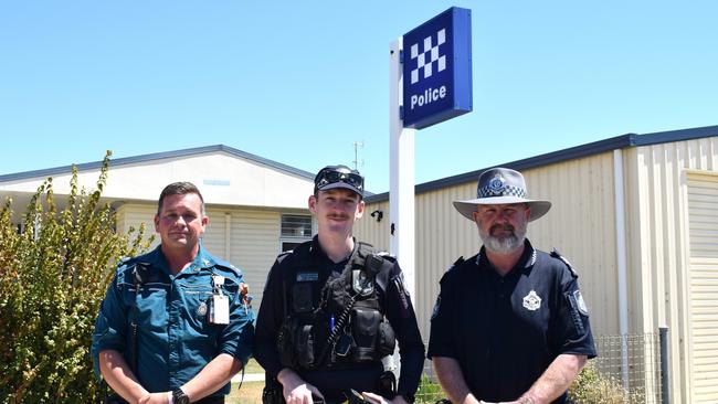 OIC at Baralaba Ambulance Station Vaughan Mason, Constable Callam Moriarty and OIC at Baralaba Police Station Sergeant Wylie Steel. Picture: Aden Stokes