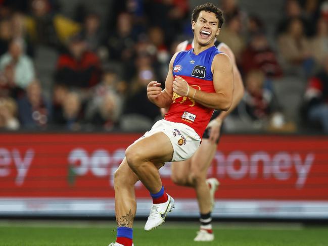 Cam Rayner celebrates during his superb performance against St Kilda. Picture: Daniel Pockett / AFL Photos via Getty Images