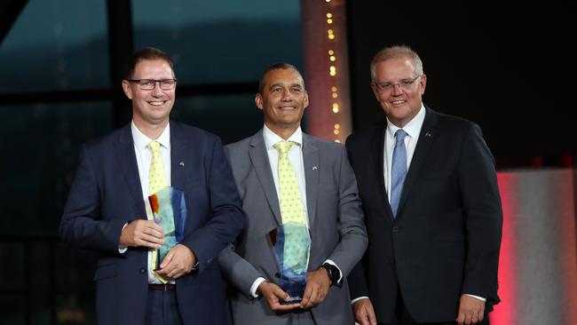 Joint Australians of the Year 2019 winners Dr Richard Harris, left, and Craig Challen receive their awards from Prime Minister Scott Morrison. Picture: Gary Ramage 