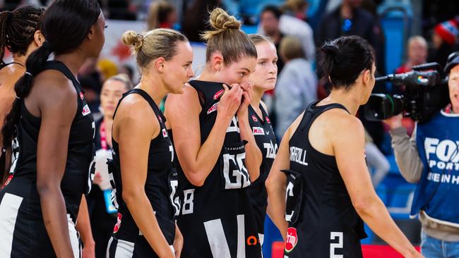 SYDNEY, AUSTRALIA – MAY 21: Magpies walk off after their loss during the round 10 Super Netball match between NSW Swifts and Collingwood Magpies at Ken Rosewall Arena, on May 21, 2023, in Sydney, Australia. (Photo by Jenny Evans/Getty Images)