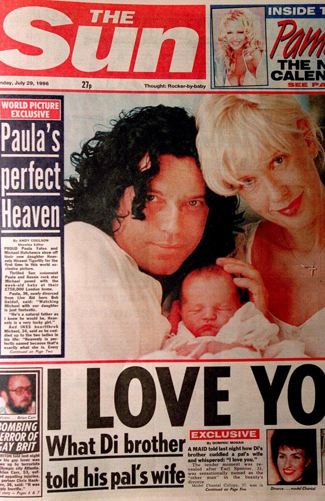 The front page of The Sun newspaper in 1996 showing Paula Yates and Michael Hutchence with their new baby daughter, Heavenly Hiraani Tiger Lily Hutchence.