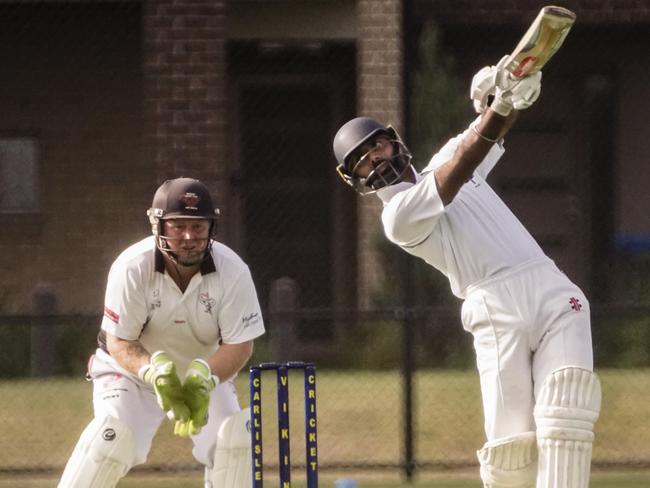 Cranbourne Meadows batsman Pardeep Singh on the attack. Picture: Valeriu Campan