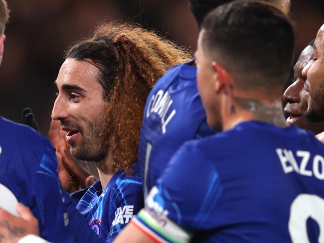 LONDON, ENGLAND - FEBRUARY 25: Marc Cucurella of Chelsea celebrates scoring his team's fourth goal with teammates during the Premier League match between Chelsea FC and Southampton FC at Stamford Bridge on February 25, 2025 in London, England. (Photo by Julian Finney/Getty Images)