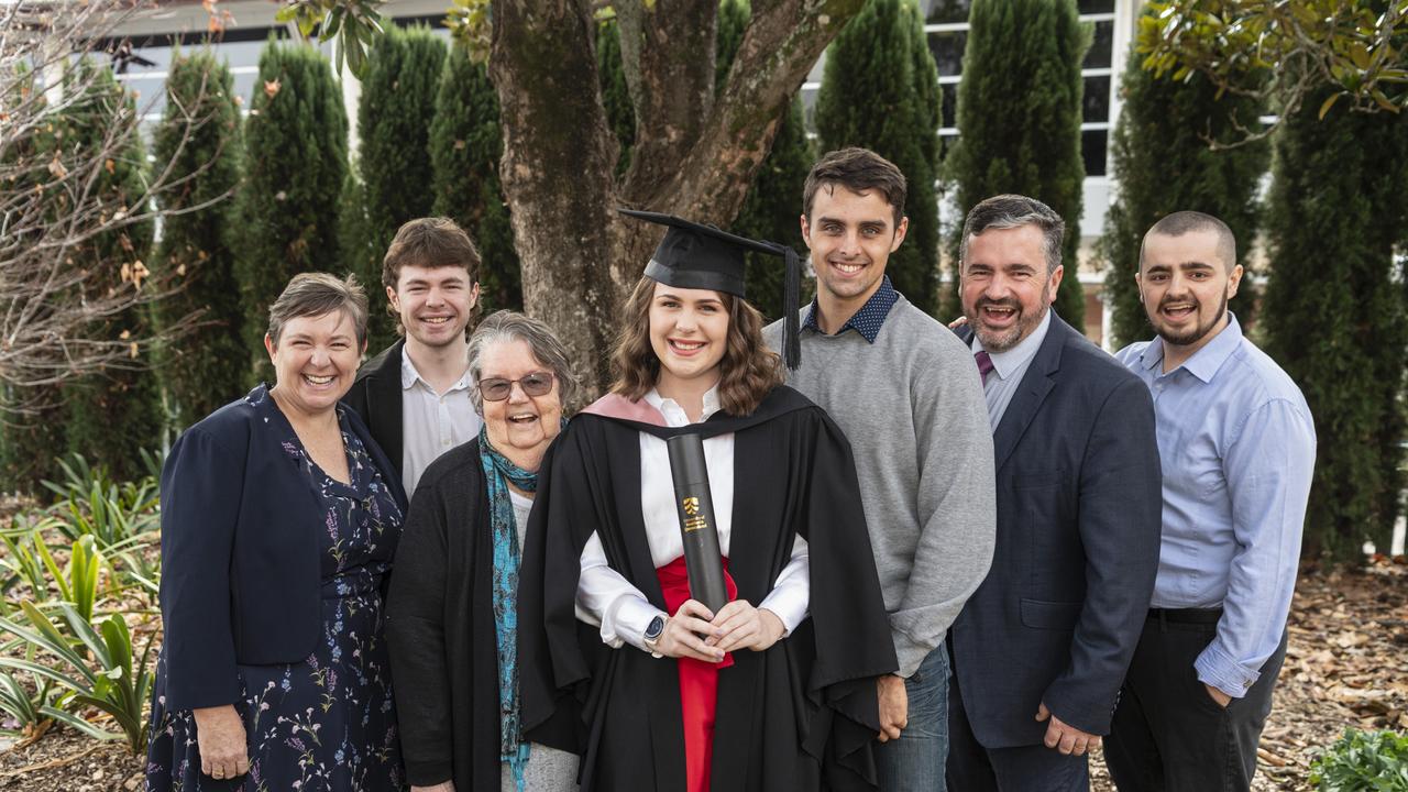 Bachelor of Education graduate Lucy Panitz with (from left) Sarah Panitz, Harry Panitz, Anne Panitz, Stuart Blackburn, Tim Panitz and Tom Panitz at a UniSQ graduation ceremony at The Empire, Tuesday, June 25, 2024. Picture: Kevin Farmer