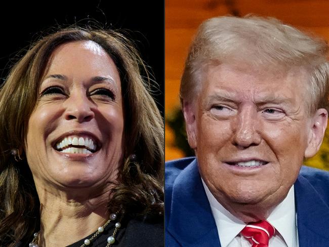 (COMBO) This combination of pictures created on October 16, 2024 shows US Vice President and Democratic presidential candidate Kamala Harris in Erie, Pennsylvania, on October 14, 2024 and former US President and Republican presidential candidate Donald Trump in Cumming, Georgia, on October 15, 2024. Kamala Harris went after her US presidential election rival Donald Trump's mental state and fitness for office Tuesday after the 78-year-old Republican's televised town hall veered into a surreal, impromptu music session. (Photo by DUSTIN FRANZ and Elijah Nouvelage / AFP)