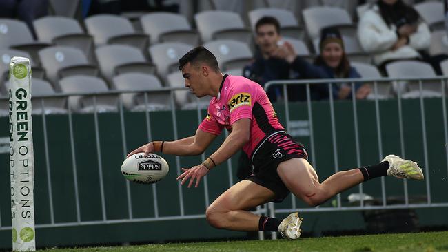 Penrith's Charlie Staines scores his 4th try during the NRL match between the Cronulla Sharks and Penrith Panthers at Kogarah Oval. Picture. Phil Hillyard