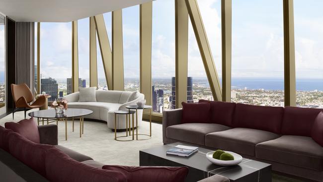 Living zone at the Ritz-Carlton Melbourne suite. Picture: supplied.