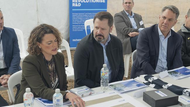 Corangamite MP Libby Coker, Industry Minister Ed Husic and Deputy Prime Minister Richard Marles are briefed on David Collard’s plans for a battery factory in Geelong. Picture: Supplied