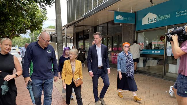 Lismore Mayor Steve Krieg, Lismore MP Janelle Saffin and Premier Chris Minns in Lismore. Picture: Savannah Pocock