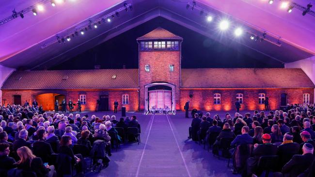 This overview shows the main gate of the Auschwitz-Birkenau camp, the so-called Death Gate, during the commemorations on the 80th anniversary of the liberation of the German Nazi concentration and extermination camp Auschwitz-Birkenau.