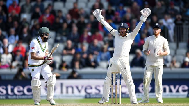 England wicketkeeper Jonathan Bairstow successfully appeals for the wicket of Hashim Amla.