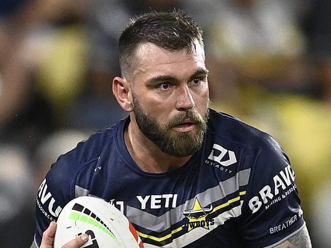 TOWNSVILLE, AUSTRALIA - SEPTEMBER 14: Kyle Feldt of the Cowboys runs the ball during the NRL Qualifying Final match between North Queensland Cowboys and Newcastle Knights at Queensland Country Bank Stadium on September 14, 2024 in Townsville, Australia. (Photo by Ian Hitchcock/Getty Images)