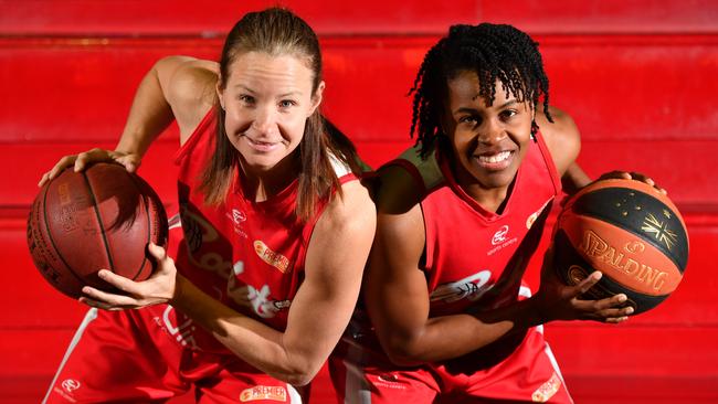 Jo Hill and Leah Metcalf pictured in 2018. Club Hill has returned to North Adelaide as an assistant coach while star player Metcalf is also back at the Rockets. Picture: AAP/Keryn Stevens