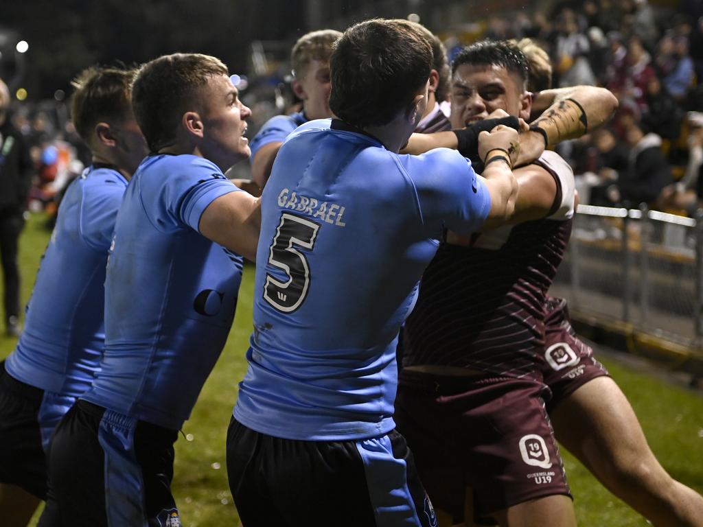 Tempers flare between the two sides. Picture: NRL Photos/Gregg Porteous