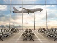 Empty airport terminal lounge with airplane on background. 3d illustration