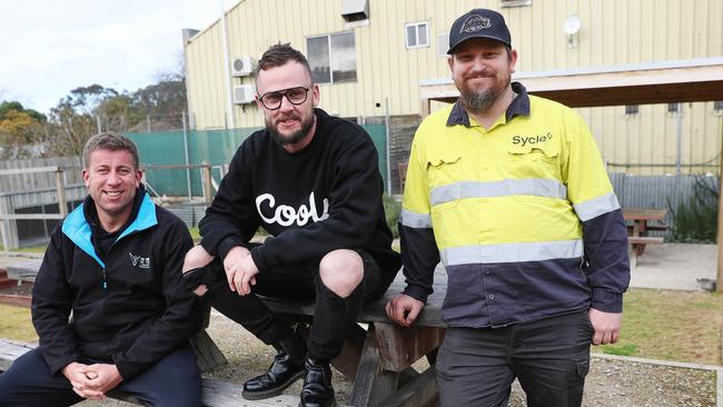 Power in You Support worker Mick Graham with Nathan Jones and Ryan Winter who have opened up about overcoming addiction. Picture: Alan Barber