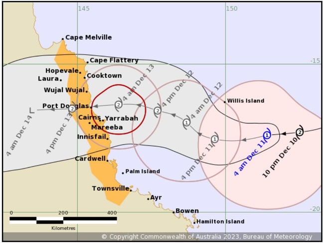 The latest Tropical Cyclone Forecast Track Map, issued by the BOM at 4.52am. Picture: BOM.