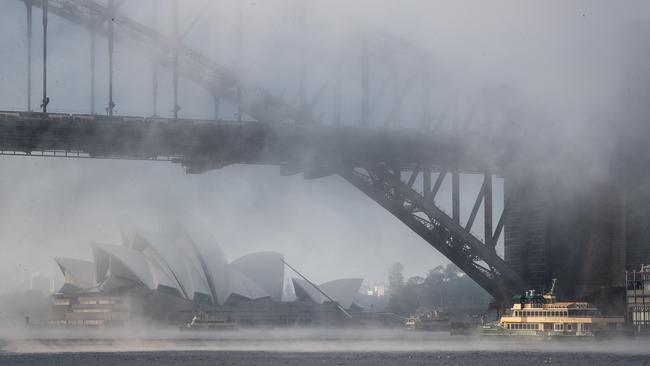 Ghostly conditions on the harbour. Picture: Julian Andrews