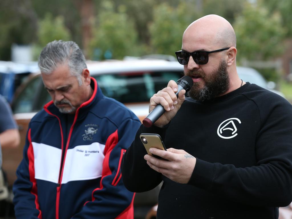 Protestors have begun to gather outside Kiis FM headquarters in North Ryde to protest against comments Kyle Sandilands made about Christians and the Virgin Mary. Protest leader Georgie Mark speaks to the protestors. Picture: David Swift.