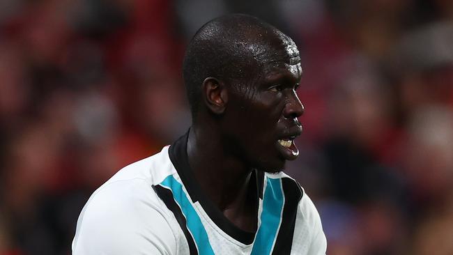 MELBOURNE, AUSTRALIA - JUNE 30: Aliir Aliir of the Power in action during the round 16 AFL match between St Kilda Saints and Port Adelaide Power at Marvel Stadium on June 30, 2024 in Melbourne, Australia. (Photo by Graham Denholm/AFL Photos/via Getty Images)