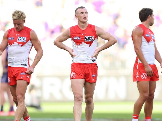 Chad Warner of the Swans looks on during the 2025 AFL Round 02 match between the Fremantle Dockers and the Sydney Swans at Optus Stadium on March 23, 2025 in Perth, Australia. (Photo by Janelle St Pierre/AFL Photos via Getty Images)