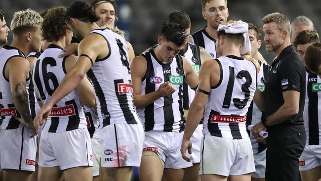 Collingwood coach Nathan Buckley speaks to his players during the Round 1 win. Picture: Michael Klein