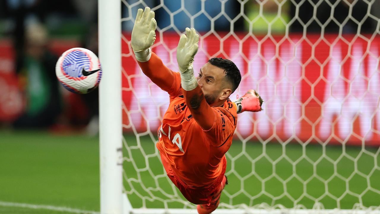 Victory goalkeeper Paul Izzo saves a penalty from Terry Antonis of Melbourne City during the A-League Men Elimination Final match between Melbourne Victory and Melbourne City at AAMI Park, on May 05, 2024, in Melbourne, Australia. (Photo by Robert Cianflone/Getty Images)