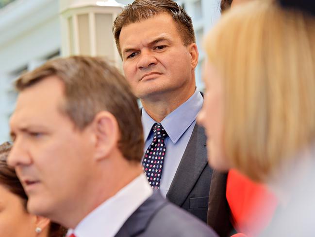 Sacked minister Ken Vowles looks on at Chief Minister Michael Gunner. Picture: Michale Franchi