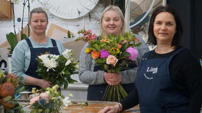 Lima &amp; Co store manager Angela Lardner, florist manager Bertie Beets and owner Lisa Attard prepare for lockdown in Mount Gambier. Picture: Jessica Ball