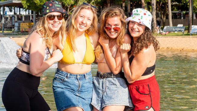 Darwin has shivered through one of the coldest snaps of the year but that hasn't stopped backpackers from lapping up the dry season sun. Zoe Walker, Jenna Kivijarvi, Mollie Anderson and Belle Webb enjoy Darwin's lagoon in the afternoon sun. Picture: Che Chorley