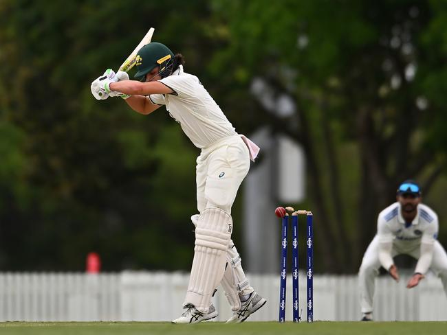 Sam Konstas of Australia A is bowled out. Picture: Getty