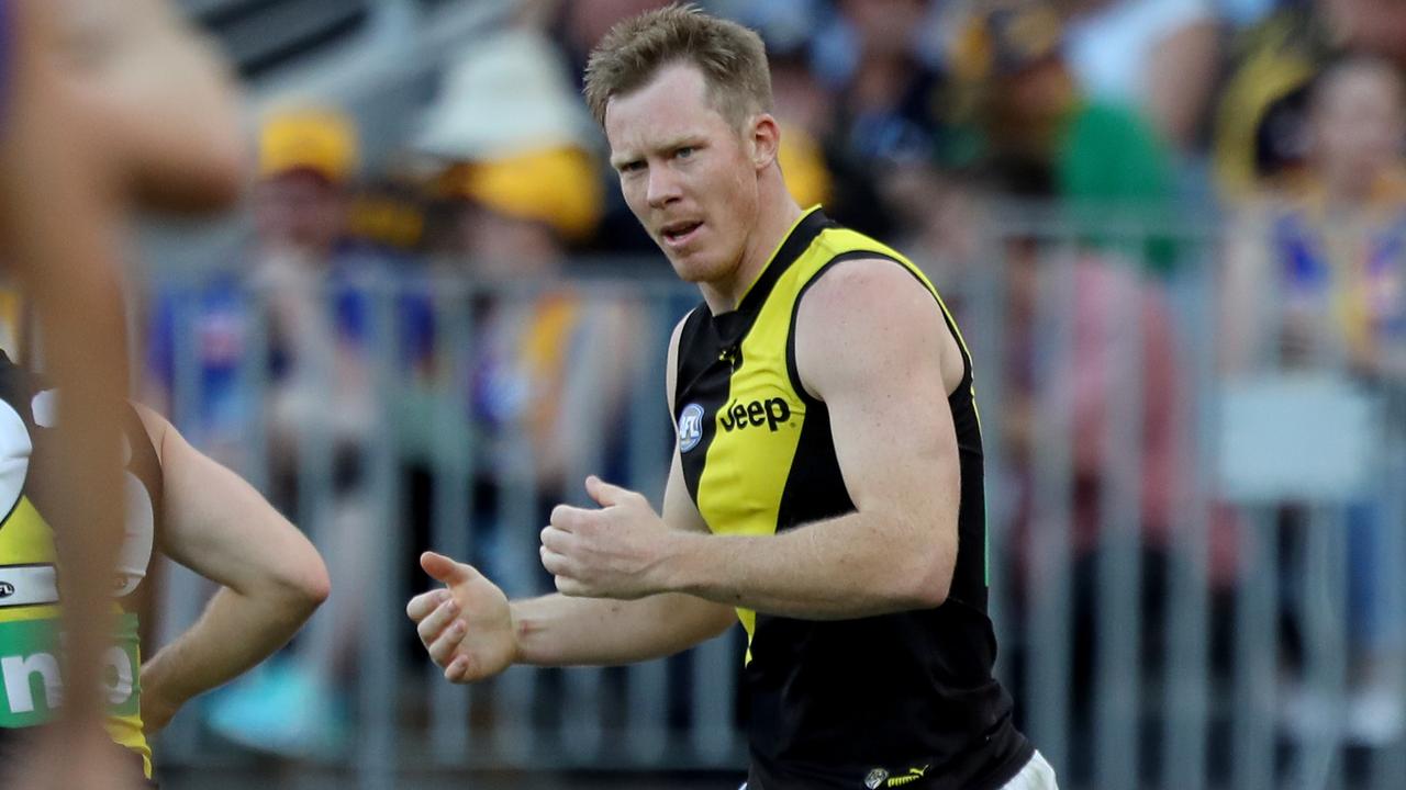 Richmond forward Jack Riewoldt was left coughing up blood after Sunday’s loss to West Coast. (AAP Image/Richard Wainwright)