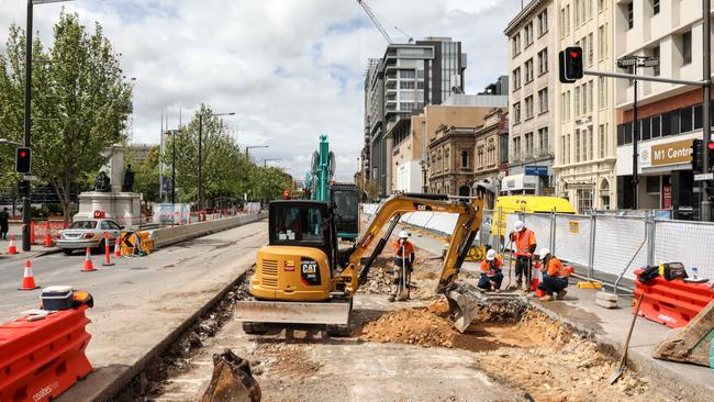 Roadworks on North Terrace during the extension of the tram line. The works will resume from January 1 to 15. Picture: AAP / Russell Millard