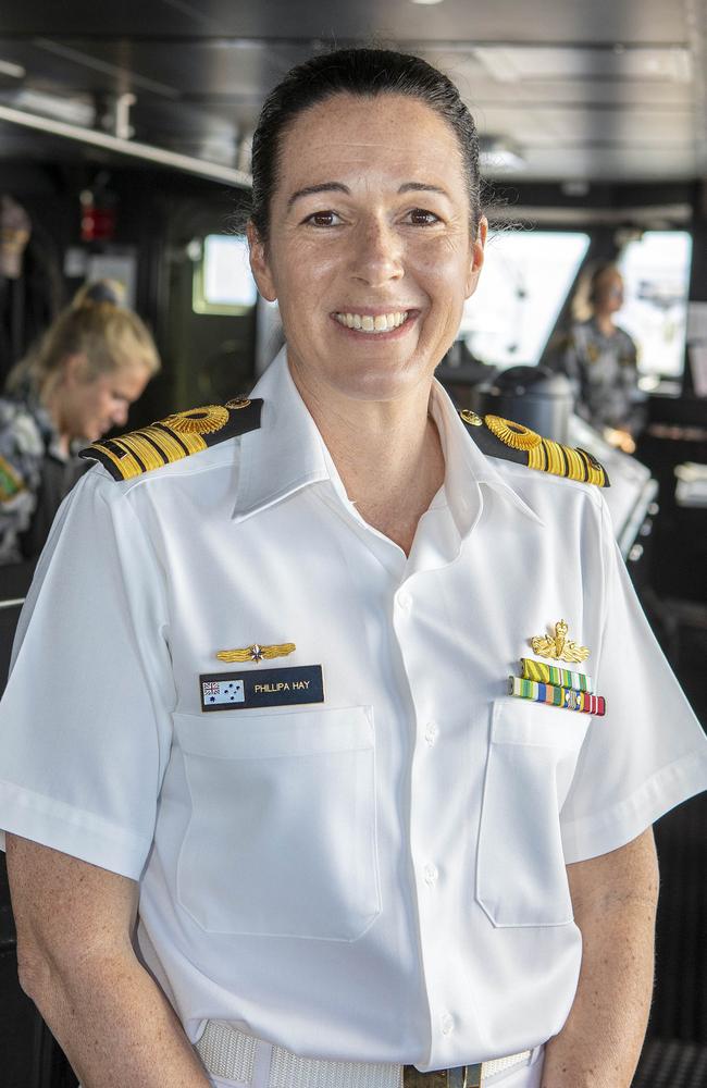 Captain Phillipa Hay, on the bridge of HMAS Hobart, is the first non-US military woman to lead a task force in the 49-year history of Exercise Rim of the Pacific 2020. Picture: Defence.