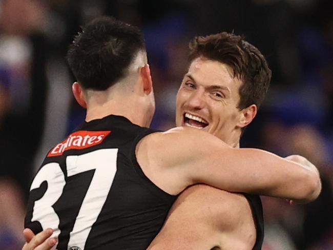 MELBOURNE. 13/06/2022..   AFL Round 13. Collingwood vs Melbourne at the MCG .  Brody Mihocek of the Magpies celebrates a 4th quarter goal   . Photo by Michael Klein