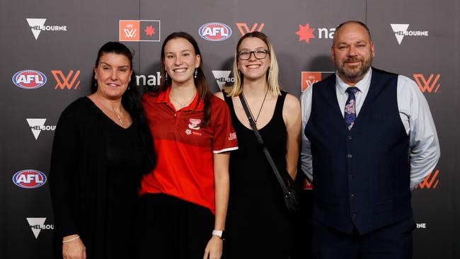 Lauren Wakfer (L) and her twin sister Zoe Wakfer. Zoe was given the surprise of her life as she was taken with the final pick of the first round. Picture: Getty Images