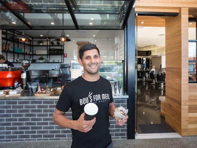 Bou's For Men barber shop owner Simon Bou-Samra, who has expanded his Portside Wharf store to offer barista-made coffee and snacks.