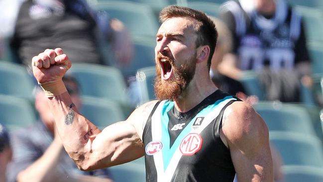 Charlie Dixon celebrates one of his goals against the Sydney Swans at Adelaide Oval. Picture: Sarah Reed