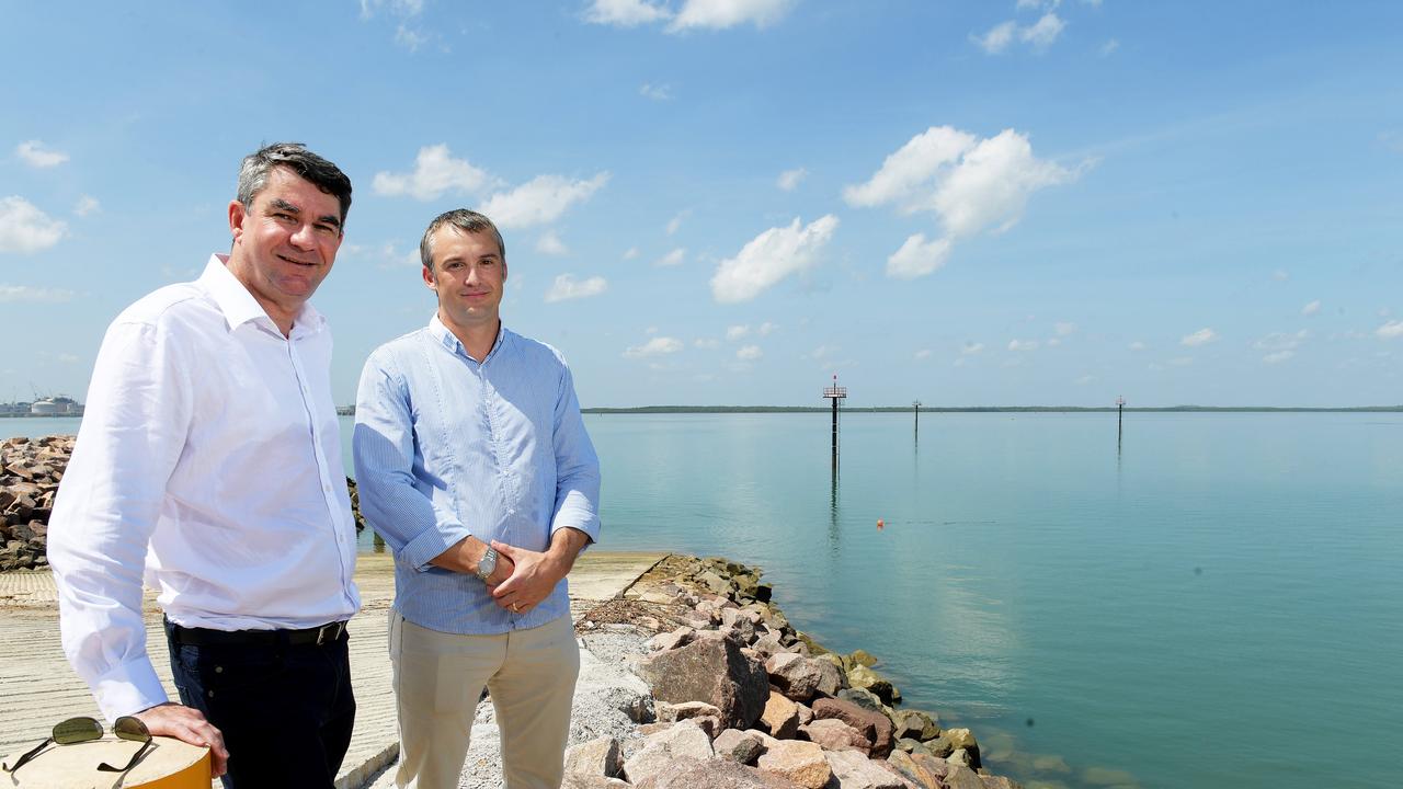 Paspaley chief operating officer Sam Buchanan and executive director James Paspaley at the ship lift facility site at East Arm in 2017. Picture: Justin Kennedy