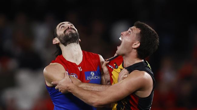 Brodie Grundy competes with Rowan Marshall of the Saints. Grundy has been dumped by the Demons from the team to face Brisbane on Friday night. Picture: Darrian Traynor/Getty Images