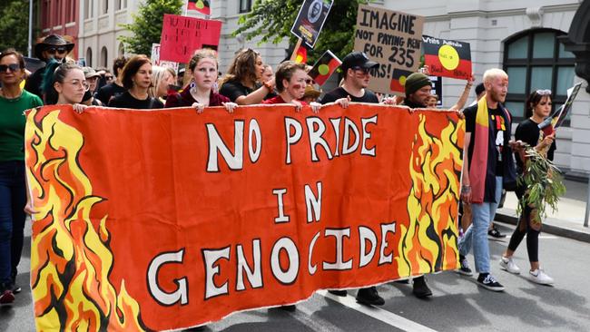 Last year’s Invasion Day protesters on their way to Parliament House in Hobart. Picture: Mireille Merlet