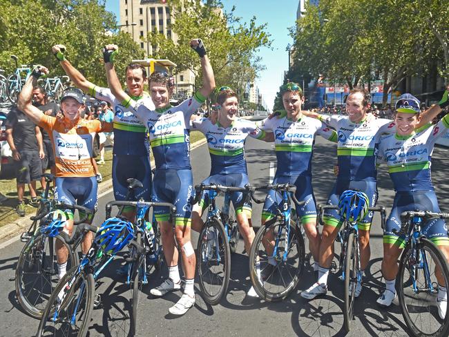 The Orica-GreenEDGE team a bunch of happy chaps at the end of Stage 6. Photo: Tom Huntley.